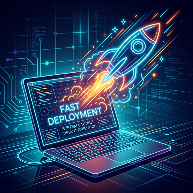 Rocket launching from a laptop screen symbolizing fast deployment