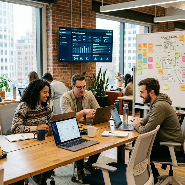 Team collaborating on AI hosting