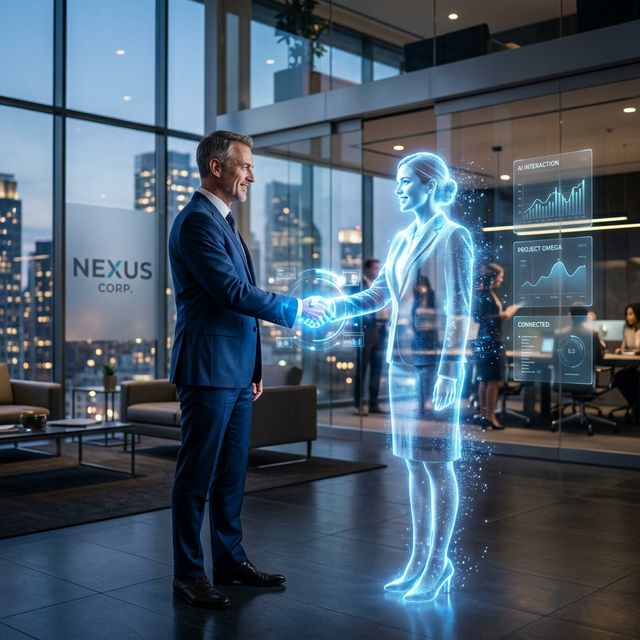 Business professional interacting with holographic AI assistant