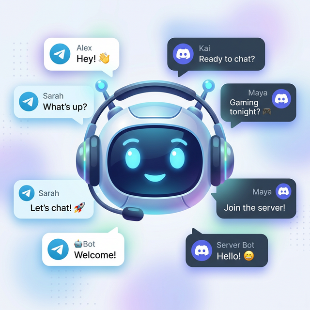 AI chatbot surrounded by support messages from Telegram and Discord
